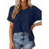 imagePRETTYGARDEN Womens 2026 Spring Short Sleeve Sweaters Lightweight V Neck Casual Going Out Summer Tops Beach Vacation ClothesNavy Blue