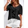 imagePRETTYGARDEN Womens Summer Dressy Casual Blouses 2026 Short Sleeve V Neck Ruffle Business Work Tops Trendy Spring OutfitsBlack