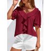 imagePRETTYGARDEN Womens Summer Dressy Casual Blouses 2026 Short Sleeve V Neck Ruffle Business Work Tops Trendy Spring OutfitsBurgundy