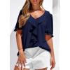 imagePRETTYGARDEN Womens Summer Dressy Casual Blouses 2026 Short Sleeve V Neck Ruffle Business Work Tops Trendy Spring OutfitsNavy Blue