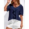 imagePRETTYGARDEN Womens Summer Dressy Casual Blouses 2026 Short Sleeve V Neck Ruffle Business Work Tops Trendy Spring OutfitsNavy Blue