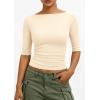 imagePRETTYGARDEN Womens Summer Short Sleeve Tops Boat Neck Ribbed Knit Slim Fit T Shirt Casual Basic Top 2026 Spring ClothesBeige