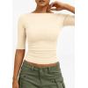 imagePRETTYGARDEN Womens Summer Short Sleeve Tops Boat Neck Ribbed Knit Slim Fit T Shirt Casual Basic Top 2026 Spring ClothesBeige