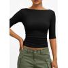 imagePRETTYGARDEN Womens Summer Short Sleeve Tops Boat Neck Ribbed Knit Slim Fit T Shirt Casual Basic Top 2026 Spring ClothesBlack