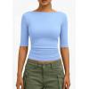 imagePRETTYGARDEN Womens Summer Short Sleeve Tops Boat Neck Ribbed Knit Slim Fit T Shirt Casual Basic Top 2026 Spring ClothesLight Blue