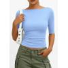 imagePRETTYGARDEN Womens Summer Short Sleeve Tops Boat Neck Ribbed Knit Slim Fit T Shirt Casual Basic Top 2026 Spring ClothesLight Blue