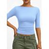 imagePRETTYGARDEN Womens Summer Short Sleeve Tops Boat Neck Ribbed Knit Slim Fit T Shirt Casual Basic Top 2026 Spring ClothesLight Blue