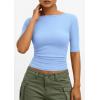 imagePRETTYGARDEN Womens Summer Short Sleeve Tops Boat Neck Ribbed Knit Slim Fit T Shirt Casual Basic Top 2026 Spring ClothesLight Blue