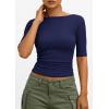 imagePRETTYGARDEN Womens Summer Short Sleeve Tops Boat Neck Ribbed Knit Slim Fit T Shirt Casual Basic Top 2026 Spring ClothesNavy Blue