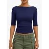 imagePRETTYGARDEN Womens Summer Short Sleeve Tops Boat Neck Ribbed Knit Slim Fit T Shirt Casual Basic Top 2026 Spring ClothesNavy Blue