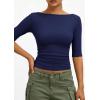 imagePRETTYGARDEN Womens Summer Short Sleeve Tops Boat Neck Ribbed Knit Slim Fit T Shirt Casual Basic Top 2026 Spring ClothesNavy Blue