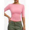imagePRETTYGARDEN Womens Summer Short Sleeve Tops Boat Neck Ribbed Knit Slim Fit T Shirt Casual Basic Top 2026 Spring ClothesPink