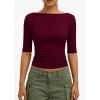 imagePRETTYGARDEN Womens Summer Short Sleeve Tops Boat Neck Ribbed Knit Slim Fit T Shirt Casual Basic Top 2026 Spring ClothesWine Red