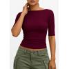 imagePRETTYGARDEN Womens Summer Short Sleeve Tops Boat Neck Ribbed Knit Slim Fit T Shirt Casual Basic Top 2026 Spring ClothesWine Red