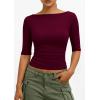imagePRETTYGARDEN Womens Summer Short Sleeve Tops Boat Neck Ribbed Knit Slim Fit T Shirt Casual Basic Top 2026 Spring ClothesWine Red