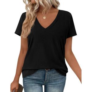 imagePRETTYGARDEN Oversized Tshirts Shirts for Women Summer Tops 2026 Casual Short Sleeve V Neck Loose Basic Tees Spring ClothesBlack