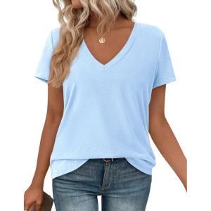 imagePRETTYGARDEN Oversized Tshirts Shirts for Women Summer Tops 2026 Casual Short Sleeve V Neck Loose Basic Tees Spring ClothesLight Blue