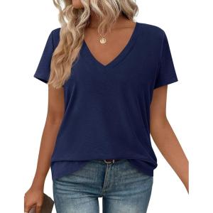 imagePRETTYGARDEN Oversized Tshirts Shirts for Women Summer Tops 2026 Casual Short Sleeve V Neck Loose Basic Tees Spring ClothesNavy Blue