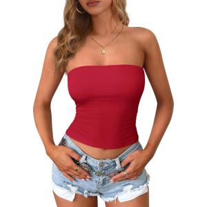 imagePRETTYGARDEN Women Tube Tops Strapless Going Out Crop Top 2026 Spring Fashion Y2K Summer Bandeau Shirt Beach Vacation ClothesRed