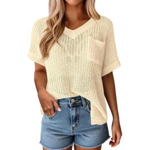 imagePRETTYGARDEN Womens 2026 Spring Short Sleeve Sweaters Lightweight V Neck Casual Going Out Summer Tops Beach Vacation ClothesBeige