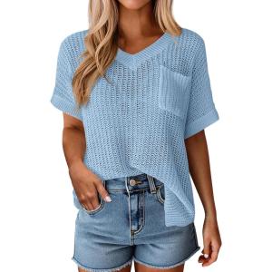 imagePRETTYGARDEN Womens 2026 Spring Short Sleeve Sweaters Lightweight V Neck Casual Going Out Summer Tops Beach Vacation ClothesBlue