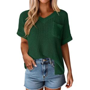 imagePRETTYGARDEN Womens 2026 Spring Short Sleeve Sweaters Lightweight V Neck Casual Going Out Summer Tops Beach Vacation ClothesGreen