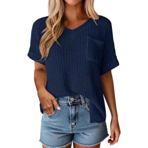 imagePRETTYGARDEN Womens 2026 Spring Short Sleeve Sweaters Lightweight V Neck Casual Going Out Summer Tops Beach Vacation ClothesNavy Blue