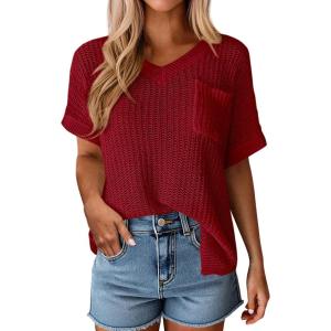 imagePRETTYGARDEN Womens 2026 Spring Short Sleeve Sweaters Lightweight V Neck Casual Going Out Summer Tops Beach Vacation ClothesRed