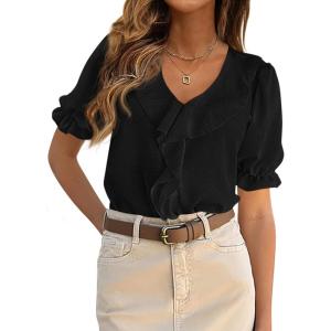 imagePRETTYGARDEN Womens Summer Dressy Casual Blouses 2026 Short Sleeve V Neck Ruffle Business Work Tops Trendy Spring OutfitsBlack
