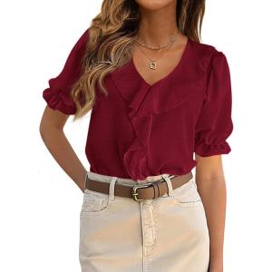 imagePRETTYGARDEN Womens Summer Dressy Casual Blouses 2026 Short Sleeve V Neck Ruffle Business Work Tops Trendy Spring OutfitsBurgundy