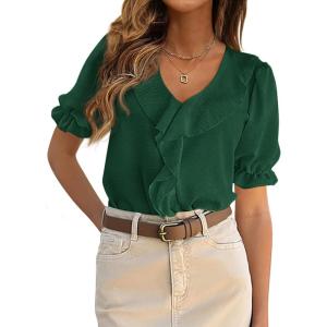 imagePRETTYGARDEN Womens Summer Dressy Casual Blouses 2026 Short Sleeve V Neck Ruffle Business Work Tops Trendy Spring OutfitsDark Green