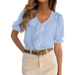 imagePRETTYGARDEN Womens Summer Dressy Casual Blouses 2026 Short Sleeve V Neck Ruffle Business Work Tops Trendy Spring OutfitsLight Blue