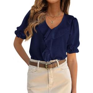 imagePRETTYGARDEN Womens Summer Dressy Casual Blouses 2026 Short Sleeve V Neck Ruffle Business Work Tops Trendy Spring OutfitsNavy Blue