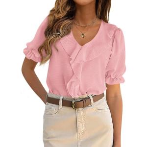 imagePRETTYGARDEN Womens Summer Dressy Casual Blouses 2026 Short Sleeve V Neck Ruffle Business Work Tops Trendy Spring OutfitsPink