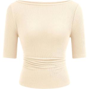 imagePRETTYGARDEN Womens Summer Short Sleeve Tops Boat Neck Ribbed Knit Slim Fit T Shirt Casual Basic Top 2026 Spring ClothesBeige