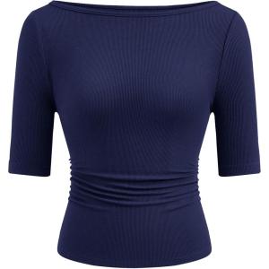 imagePRETTYGARDEN Womens Summer Short Sleeve Tops Boat Neck Ribbed Knit Slim Fit T Shirt Casual Basic Top 2026 Spring ClothesNavy Blue