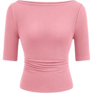 imagePRETTYGARDEN Womens Summer Short Sleeve Tops Boat Neck Ribbed Knit Slim Fit T Shirt Casual Basic Top 2026 Spring ClothesPink