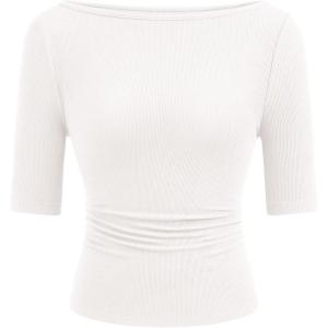 imagePRETTYGARDEN Womens Summer Short Sleeve Tops Boat Neck Ribbed Knit Slim Fit T Shirt Casual Basic Top 2026 Spring ClothesWhite