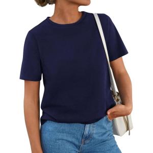 imagePRETTYGARDEN Womens Summer Tops 2026 Casual Basic Crewneck Short Sleeve Shirts Spring Fashion Clothing Going Out OutfitsNavy