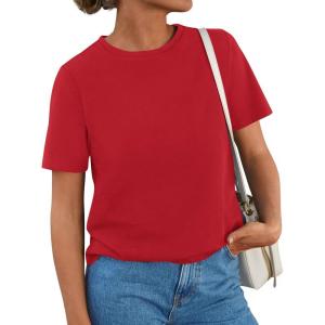 imagePRETTYGARDEN Womens Summer Tops 2026 Casual Basic Crewneck Short Sleeve Shirts Spring Fashion Clothing Going Out OutfitsRed