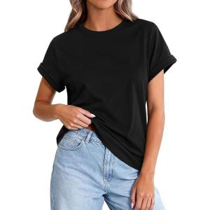 imagePRETTYGARDEN Womens Summer Tops 2026 Spring Casual Rolled Short Sleeve Basic Tees Crew Neck Work Shirts Fashion ClothingBlack