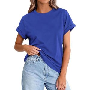 imagePRETTYGARDEN Womens Summer Tops 2026 Spring Casual Rolled Short Sleeve Basic Tees Crew Neck Work Shirts Fashion ClothingBlue
