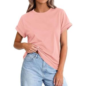 imagePRETTYGARDEN Womens Summer Tops 2026 Spring Casual Rolled Short Sleeve Basic Tees Crew Neck Work Shirts Fashion ClothingPink