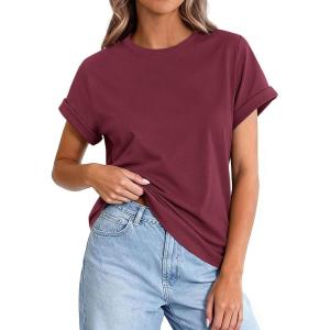 imagePRETTYGARDEN Womens Summer Tops 2026 Spring Casual Rolled Short Sleeve Basic Tees Crew Neck Work Shirts Fashion ClothingWine Red