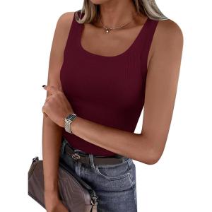 imagePRETTYGARDEN Womens Summer Tops 2026 Spring Cute Sleeveless Scoop Neck Workout Tank Top Casual Ribbed Knit Basic Cami ShirtsBurgundy