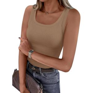 imagePRETTYGARDEN Womens Summer Tops 2026 Spring Cute Sleeveless Scoop Neck Workout Tank Top Casual Ribbed Knit Basic Cami ShirtsLight Khaki