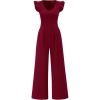 imagePRETTYGARDEN One Piece Jumpsuits For Women Dressy Ruffle Cap Sleeve V Neck Ribbed Knit Wide Leg Romper 2026 Spring OutfitsWine Red