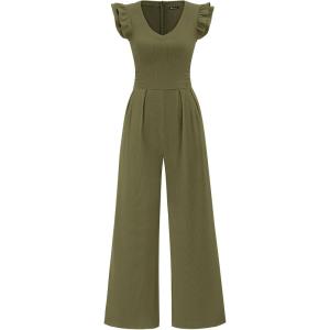 imagePRETTYGARDEN One Piece Jumpsuits For Women Dressy Ruffle Cap Sleeve V Neck Ribbed Knit Wide Leg Romper 2026 Spring OutfitsArmy Green