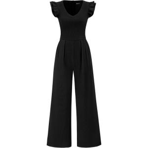 imagePRETTYGARDEN One Piece Jumpsuits For Women Dressy Ruffle Cap Sleeve V Neck Ribbed Knit Wide Leg Romper 2026 Spring OutfitsBlack