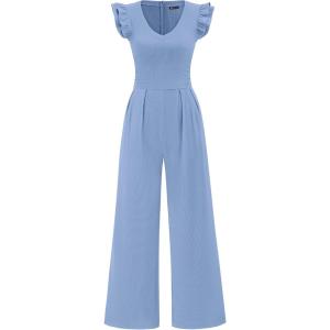 imagePRETTYGARDEN One Piece Jumpsuits For Women Dressy Ruffle Cap Sleeve V Neck Ribbed Knit Wide Leg Romper 2026 Spring OutfitsBlue Grey